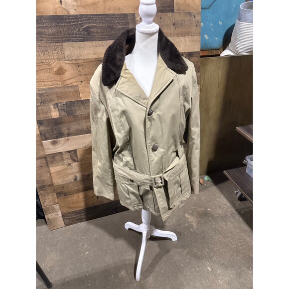 Beige- Canvas Coat with Brown Collar & Belt- Size Approx M/L Women - Picture 5 of 8